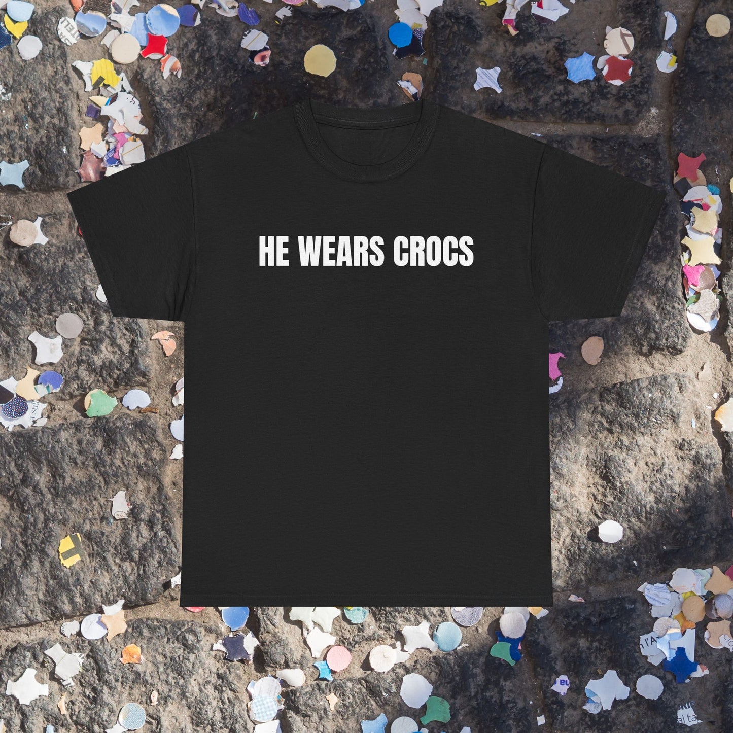 He wears crocs t-shirt