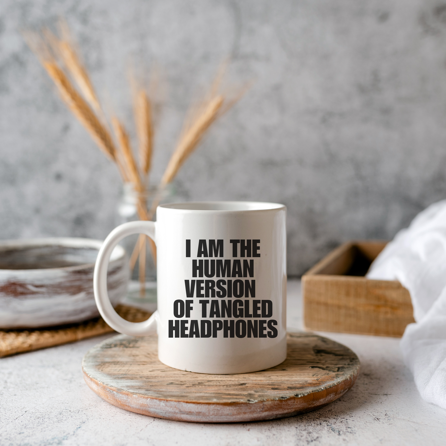 Tangled head phones mug